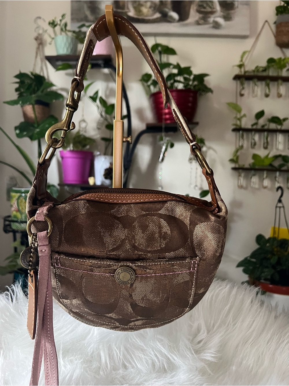 Coach Brown Signature Canvas Mini Shoulder Bag with Pink Trim